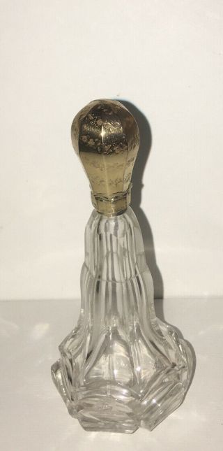 Antique Dutch Cut Glass Perfume Bottle 14k Top,  4” Tall,  Case,  Ca.  1850