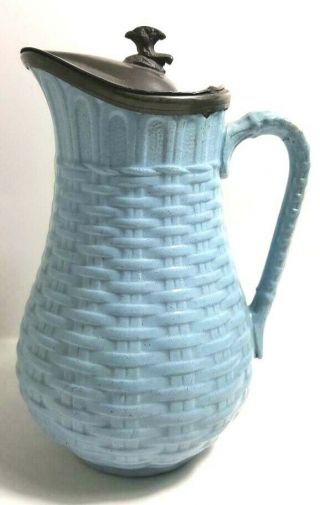 Pretty Pale Blue Pitcher With Basket Weave Motif And An Elegant Pewter Lid