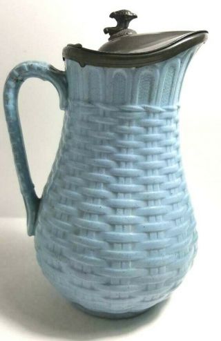 Pretty Pale Blue Pitcher with Basket Weave Motif and an Elegant Pewter Lid 2