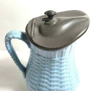 Pretty Pale Blue Pitcher with Basket Weave Motif and an Elegant Pewter Lid 3