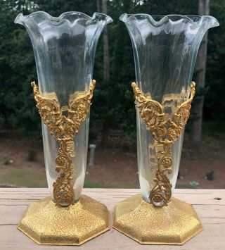 Antique Pair French Ormalu Gold Gilt Glass Neoclassical Vases Baccarat Style?