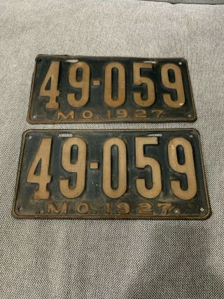 Vintage Antique 1927 Matched Pair Missouri License Plates Set 49 - 056