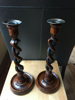 Vintage Open Barley Twist Wood Candlesticks English Pair 12.  5 Inches
