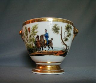 Antique French Old Paris Equestrian Scene Porcelain Bowl W/ Bird Head Handles