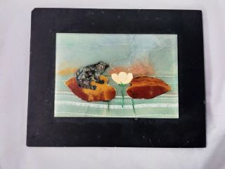 Very Rare Pietra Dura Plaque Frog On Lily Pads Mosaic Signed R Bresci Slate Back