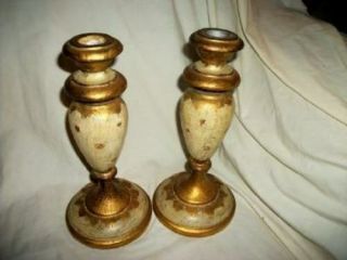 Italian Florentine Wood Candle Holders Gilt Cream Lamp Bases Vintage Mid Century