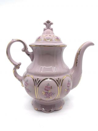 Rgk Leander Vintage Czech Pink Porcelain Tea Pot W/ Roses And Hand Painted Gold