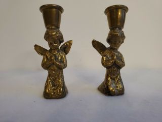 Pair Vintage Solid Brass Angel Candle Stick Holders 3 " Mini