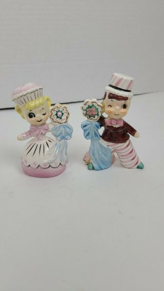 Vintage Enesco Sweet Shoppe Candy Boy And Girl Salt And Pepper Shakers 1958