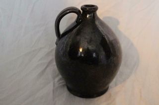 Exceptional Early 19th Century Ovoid Redware Jug W/original Strap Handle