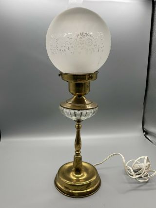 C1920’s Antique Art Nouveau Deco Brass Glass Round Etch Globe Table Lamp