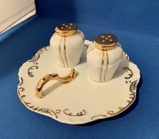 Vintage Salt and Pepper Set,  White and Gold Porcelain,  no markings 2