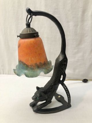 Vintage Cast Iron Crouching Kitty Cat Tail Lamp W/ Light Up Eyes Tulip Shade