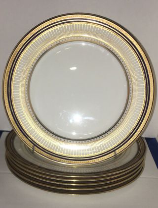 Royal Doulton Cobalt and Gold Gorgeous Set of 6 Dinner Cabinet Plates 10 1/4” 2