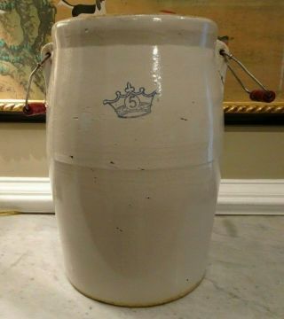 Antique Butter Churn Crock 5 Gallon Blue Crown Bail Wood Handles Ramsbottom?