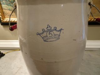 Antique Butter Churn Crock 5 Gallon Blue Crown Bail Wood Handles Ramsbottom? 3