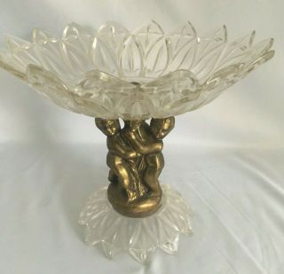 Antique Hollywood Regency Glass Brass Cherub Pedestal Candy Compote Dish