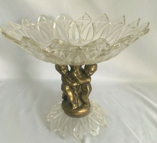 Antique Hollywood Regency Glass Brass Cherub Pedestal Candy Compote Dish 2
