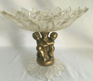 Antique Hollywood Regency Glass Brass Cherub Pedestal Candy Compote Dish 3