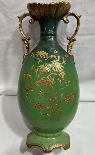 Antique Empire Porcelain Stoke - On - Trent Green Vase Gold Trim 12”