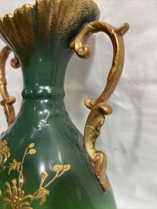 Antique Empire Porcelain Stoke - On - Trent Green Vase Gold Trim 12” 3