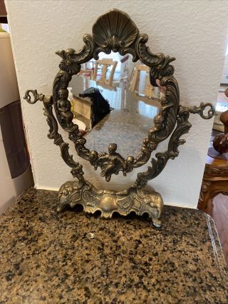 Vintage Victorian ? Vanity/table Top Brass Mirror With Cherubs  12”