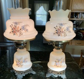 2 Vintage Gone With The Wind 3 - Way Hurricane Table Lamp With Flowers