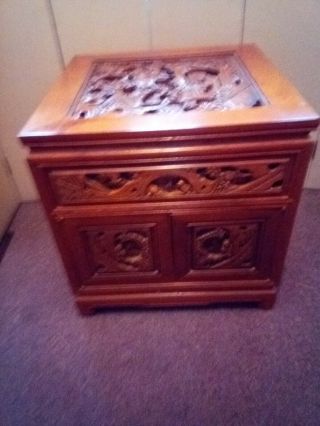 Asian Vintage Wood Hand Carved Ornate Chest Nightstand Cabinet Drawer Glass Top