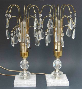 Pair 2 Vintage Waterfall Lamps Prism Cut Crystal Marble Base Italy