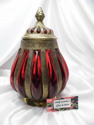 Large Antique 11 " Ruby Red Glass & Brass Covered Compote Bowl Urn Centerpiece