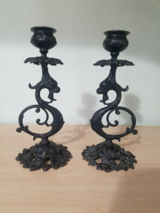 Ca.  1900 Antique Gothic Victorian Cast Iron Figural Griffin Old Candlesticks