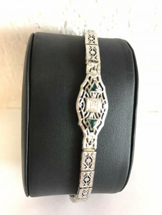 10 K White Gold Filligue Antique Diamond And Lab Creates Emerald Bracelet