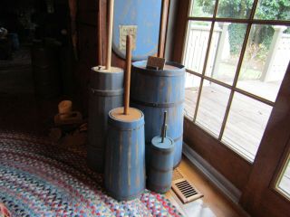 Early Farmhouse Inspired Wood Butter Churn W/dasher - Copper Bands - Blue