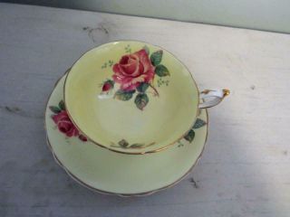Lovely Paragon Yellow Cup & Saucer W/ 2 Pink Cabbage Roses And Gold Trim