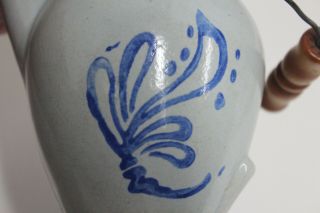 Vintage 6 " Blue Glazed Cobalt Decoration Stoneware Batter Jug W/lid & Handle