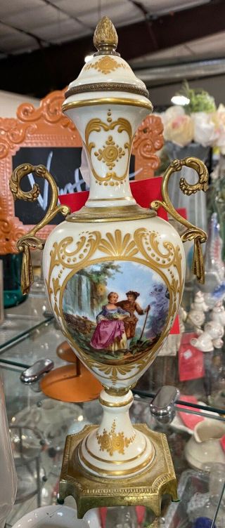 Antique French Sevres Bronze Hand Painted Scene Signed Porcelain Urn Vase