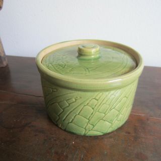 Rare Antique Green Pottery Stoneware Covered Butter Crock
