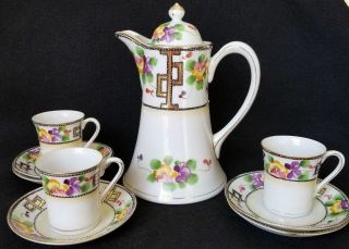 Antique Nippon Pansy Chocolate Pot With Cups & Saucers 10 Peice