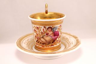 19th Century Royal Vienna Style Cup And Saucer With Winged Cherub In Relief