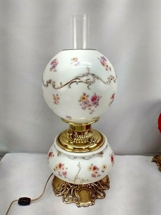 Consolidated Glass Gwtw Banquet Oil Lamp Hand Painted Flowers Electric