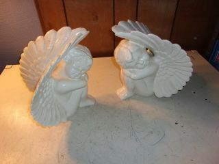 2 Large White Ceramic Cherubs Angels