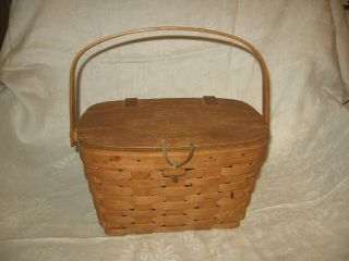Vintage Wooden Garden Basket / Purse With Lid & Swing Handle Wood Rustic
