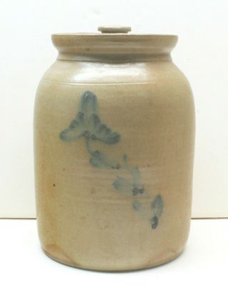 Antique Stoneware Salt Glazed Wax Sealer Crock W/ Lid 9 - 3/4 " Blue Flower