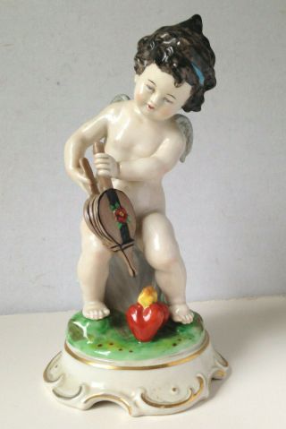 Vintage Dresden Germany Crown Mark Porcelain Figurine Cupid Fanning Flames Heart