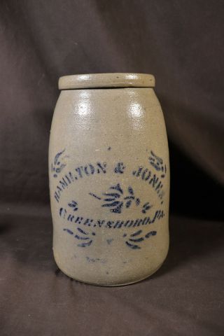 Antique Hamilton & Jones Stoneware Blue Decorated Crock 10 "
