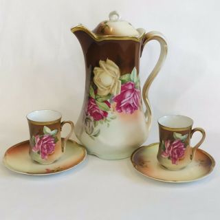 J&c Louise Bavaria Chocolate Set Pot & 2 Cups,  2 Saucers Antique Roses Porcelain