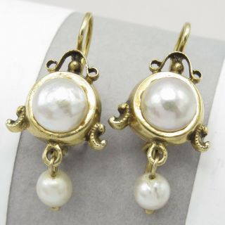Vtg Victorian Revival 14k Gold Pearl Dangle Drop Pendant Earrings