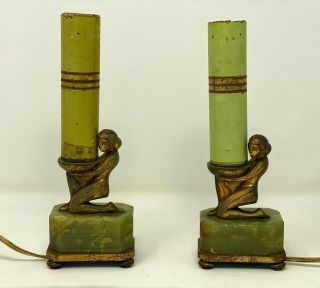 Antique Pair 1930s Art Deco Spelter Nude Figural Lamps Onyx Base White Metal