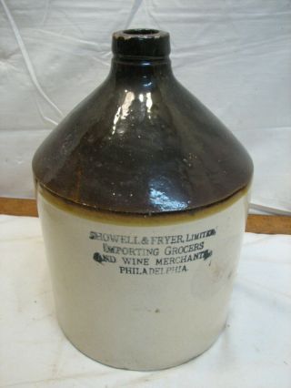 Antique Stoneware Jug Signed Showell Fryer Phila Pa Whiskey Water Gal Crock