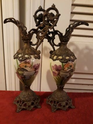 Antique Ewer Urn Vase Pitcher Hand Painted Porcelain Victorian Ornate Mantle Art